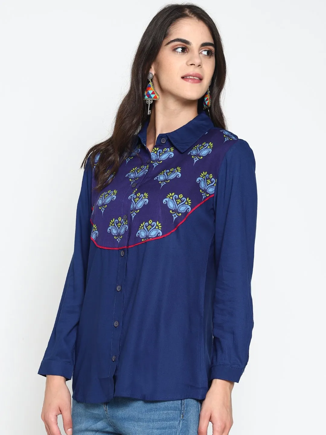 Blue Navy Blue Shirt With Printed Yoke