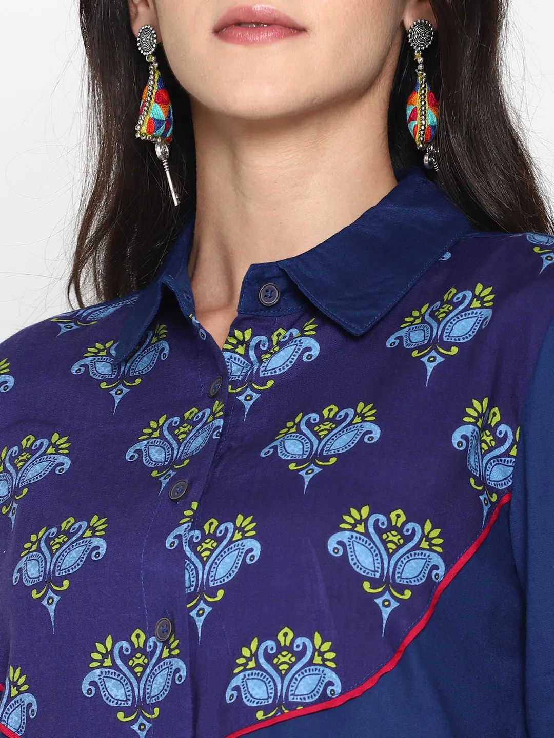 Blue Navy Blue Shirt With Printed Yoke