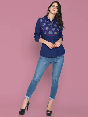 Blue Navy Blue Shirt With Printed Yoke