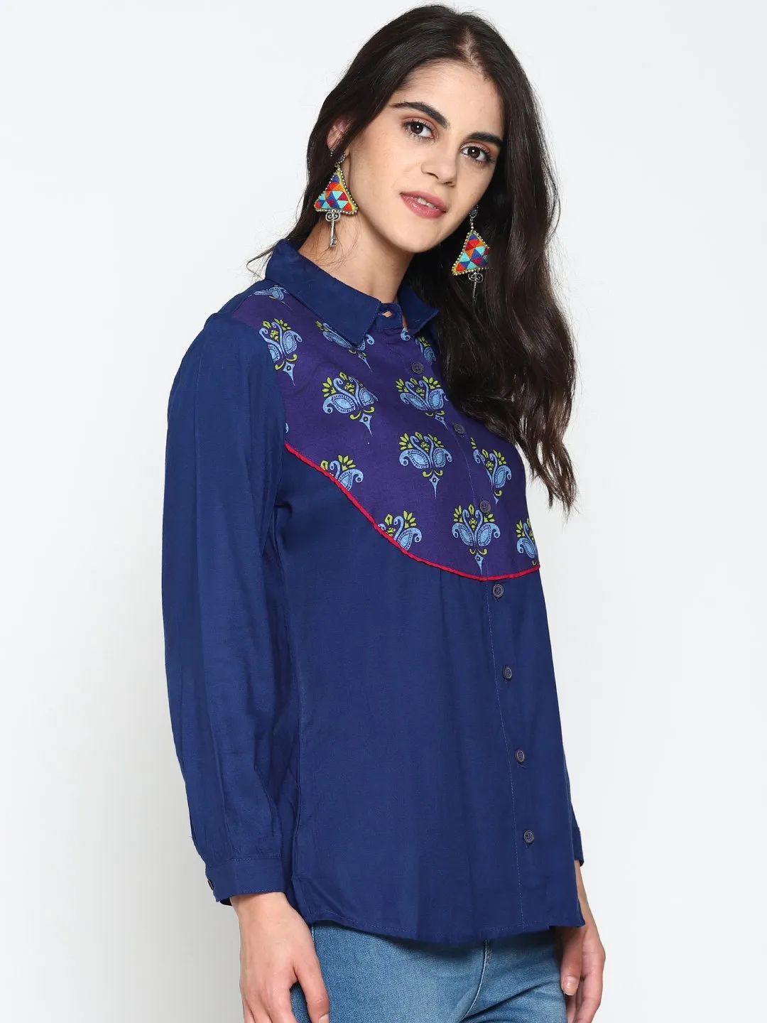 Blue Navy Blue Shirt With Printed Yoke