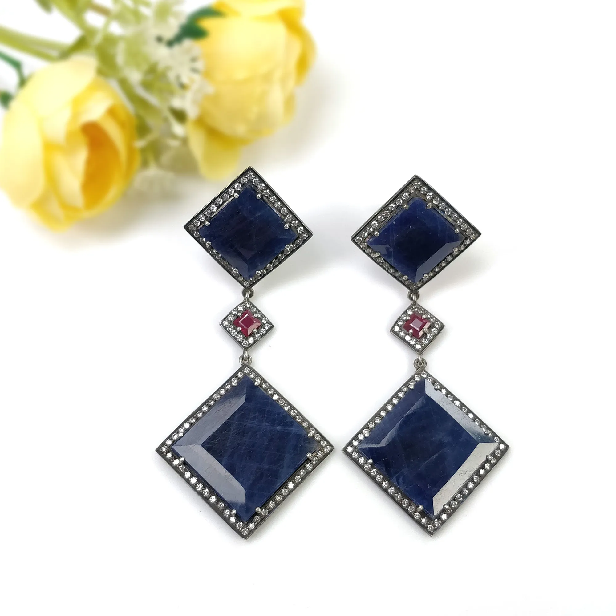 Blue SAPPHIRE Gemstones With CZ 925 Sterling Silver Earring : Natural Pave Set Push Back Drop Dangle Victorian Earring 3.5"