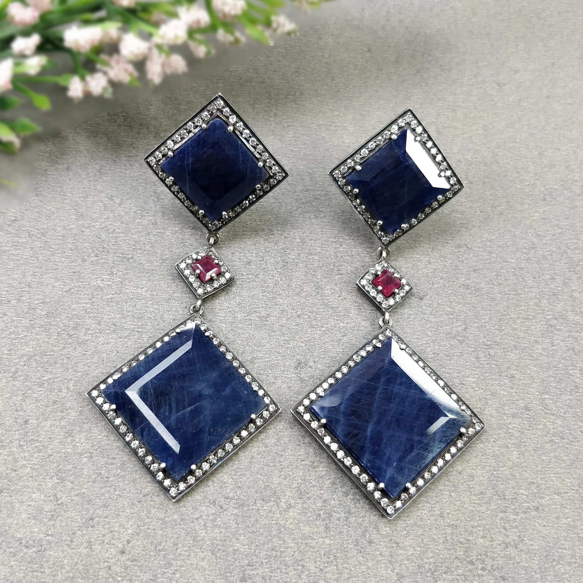 Blue SAPPHIRE Gemstones With CZ 925 Sterling Silver Earring : Natural Pave Set Push Back Drop Dangle Victorian Earring 3.5"