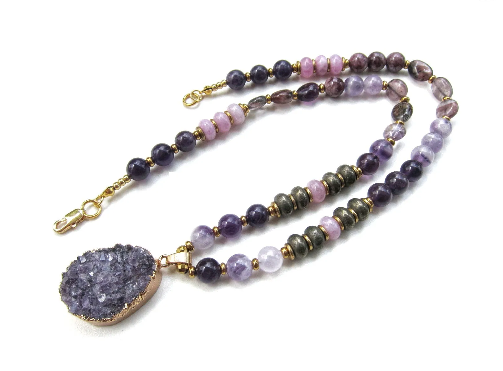 Bohemian Amethyst, Kunzite, Purple Phantom Quartz, Druzy Pendant Beaded Mala Necklace