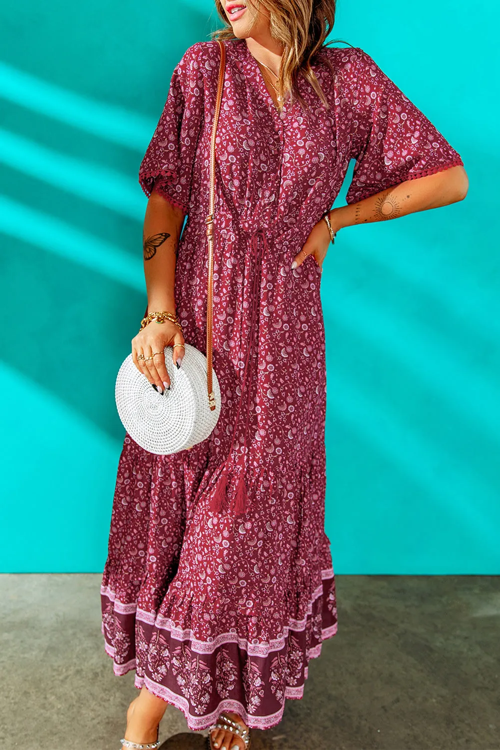 Boho Bohemian Tassel Tie Pompom Detail Maxi Dress