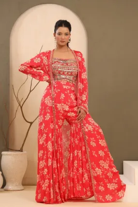 Bright Pink Embellished &amp; Printed Sharara with Cape