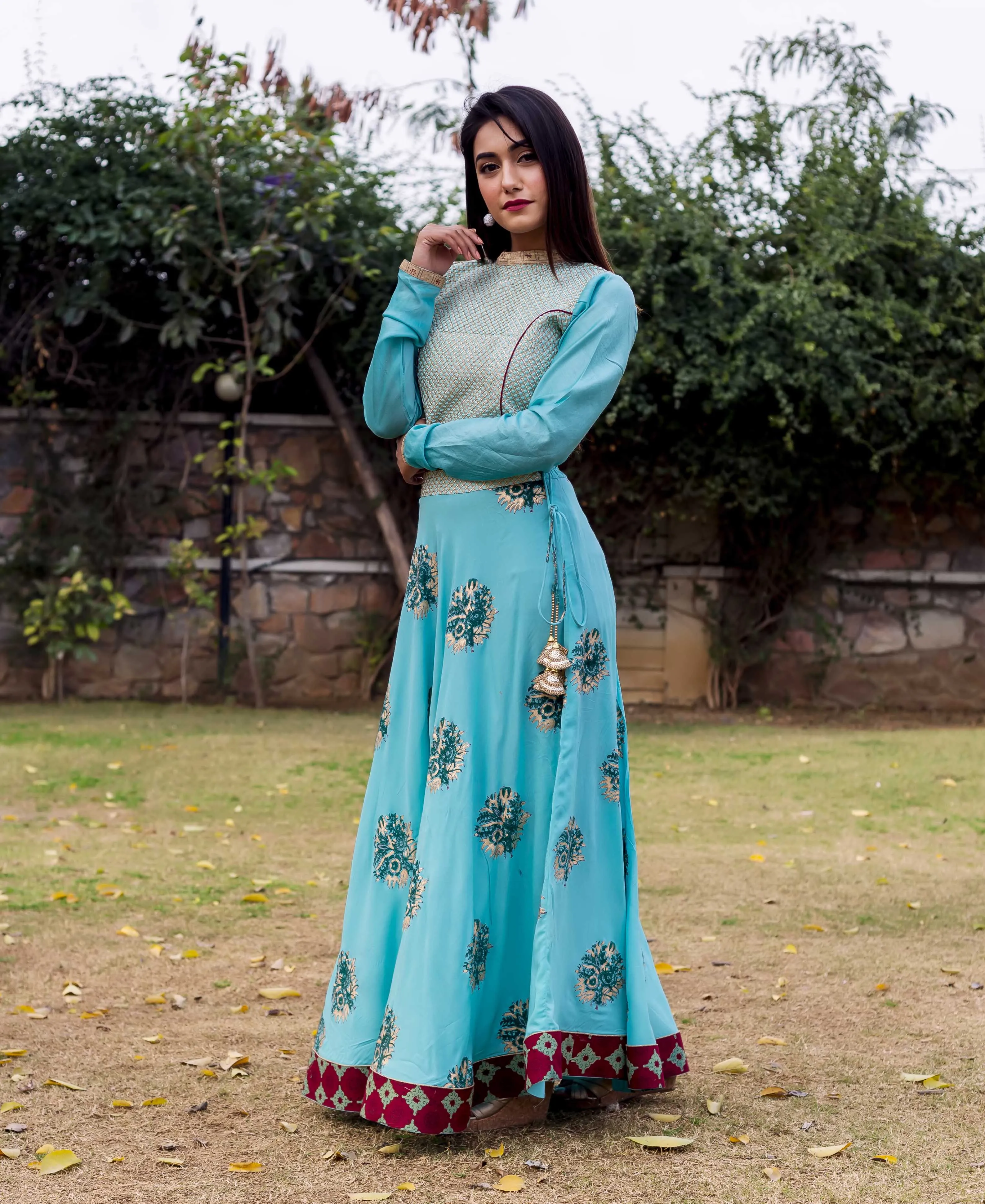 Cadet Blue Hand Block Printed and Embroidered Lehenga Set