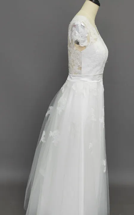 Cap Sleeve V-Neck Lace Wedding Dress With Tulle Skirt and V-Back-ZET_711631