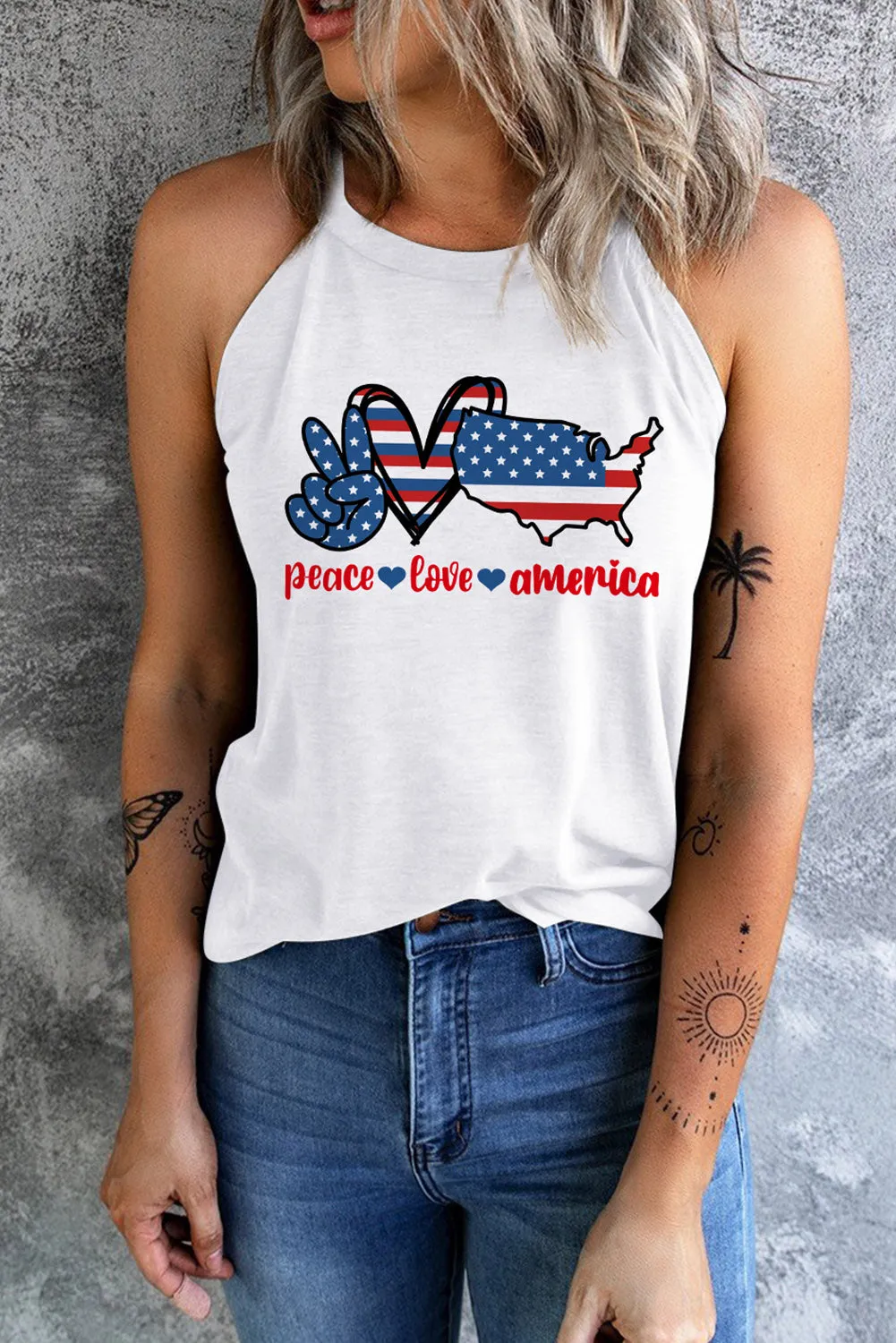 Celebrate Independence Day in style with this PEACE LOVE AMERICA Graphic Tank - Perfect for Fourth of July festivities and showing your patriotic spirit