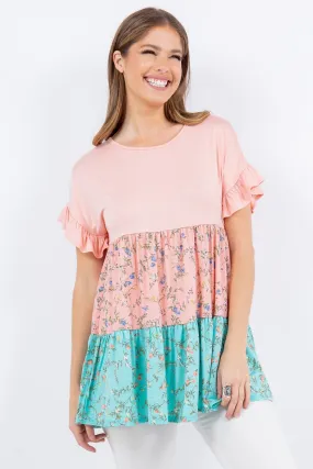 Celeste Full Size Floral Color Block Ruffled Short Sleeve Top - Stylish Women's Blouse with Ruffle Details, Perfect for Spring and Summer Fashion