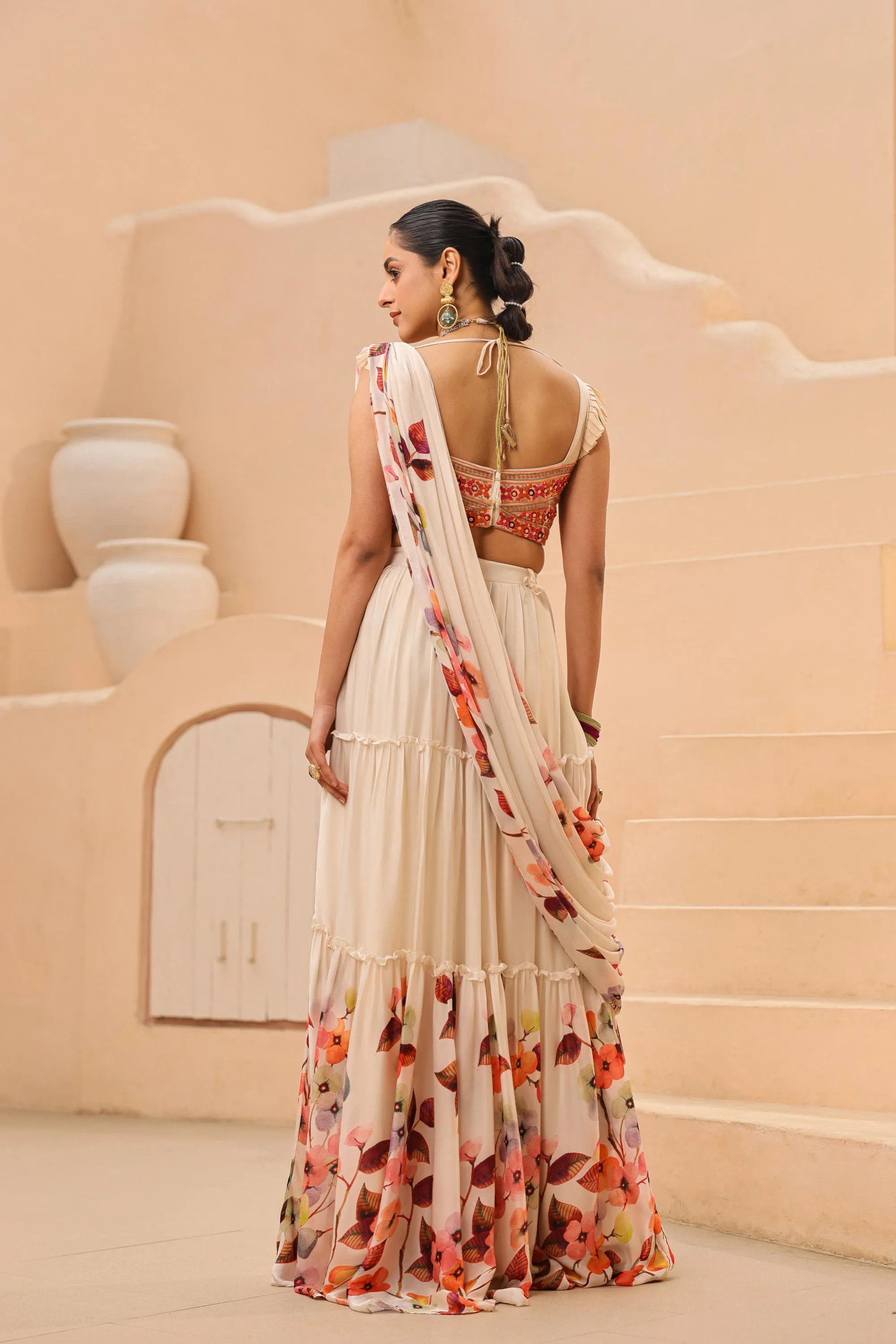 Champagne Floral Printed Satin Georgette Drape Saree