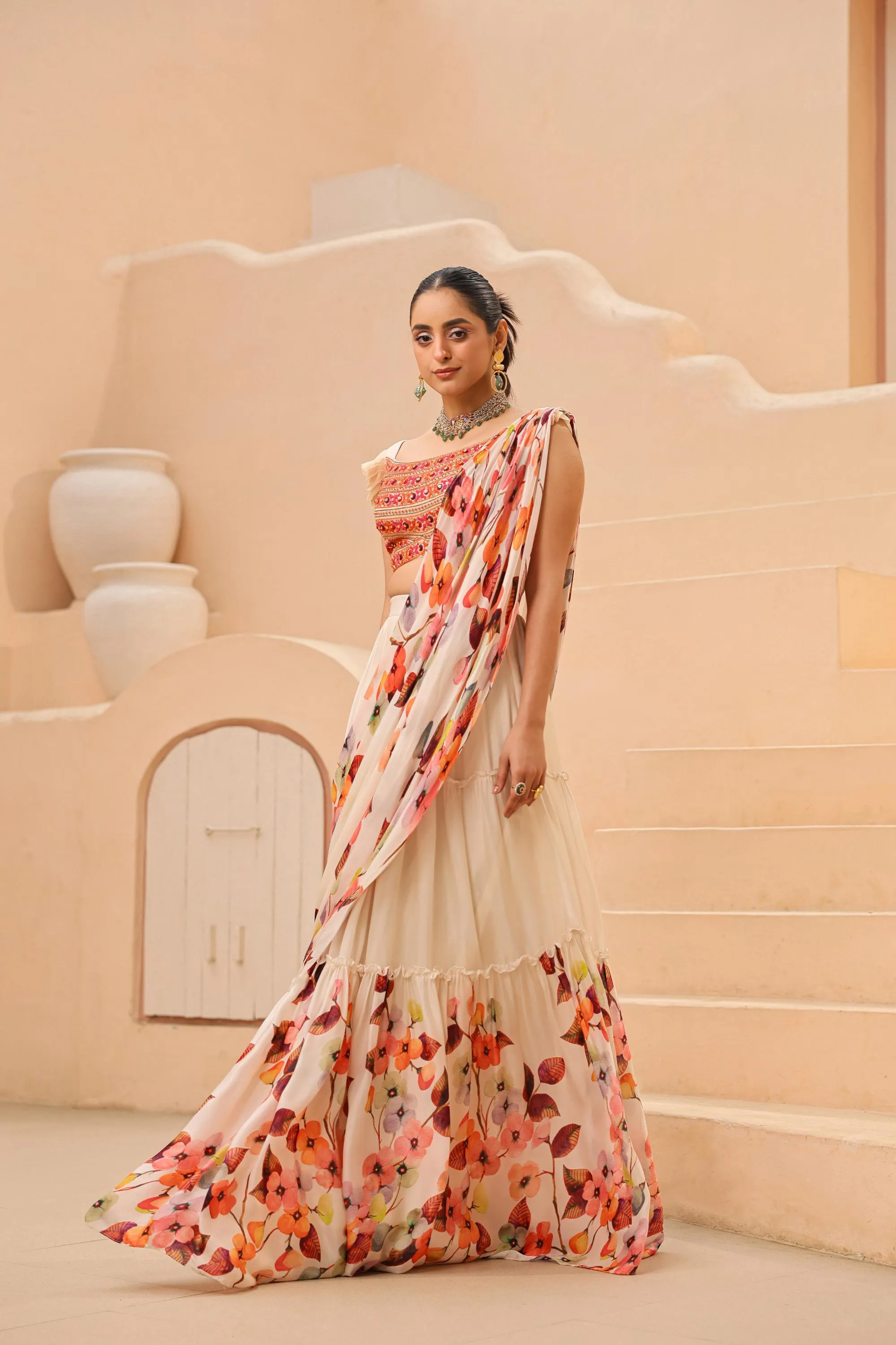 Champagne Floral Printed Satin Georgette Drape Saree