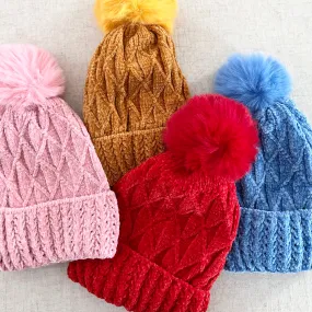 Chenille Knit Pom Pom Beanie - Assorted