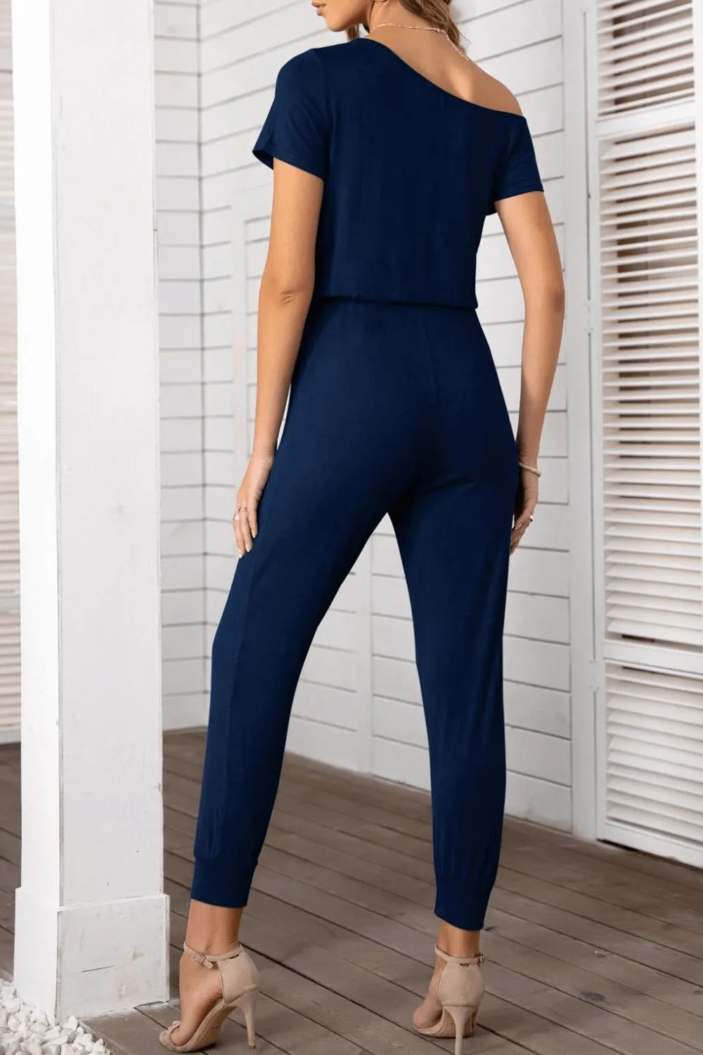 Chic Asymmetrical Neck Short Sleeve Jumpsuit for Women - Trendy One-Piece Outfit with Unique Design