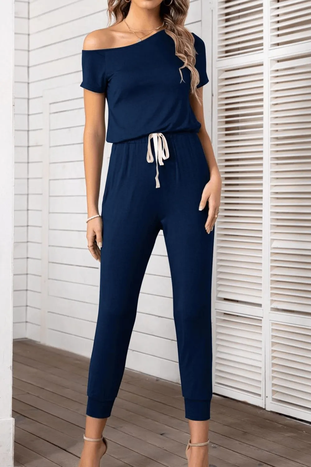 Chic Asymmetrical Neck Short Sleeve Jumpsuit for Women - Trendy One-Piece Outfit with Unique Design