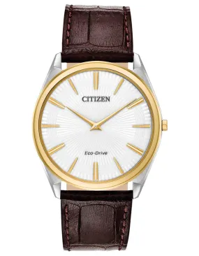 Citizen Mens Eco-Drive Stilletto Watch - Two-Tone - White Dial - Leather Strap