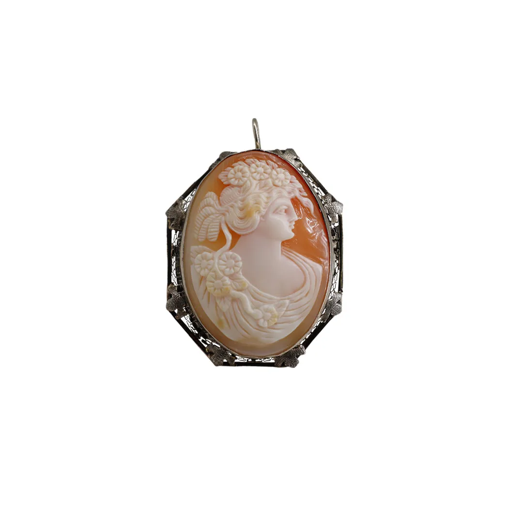 Classical Victorian Shell Cameo in 9K White Gold Filigree Pendant or Brooch