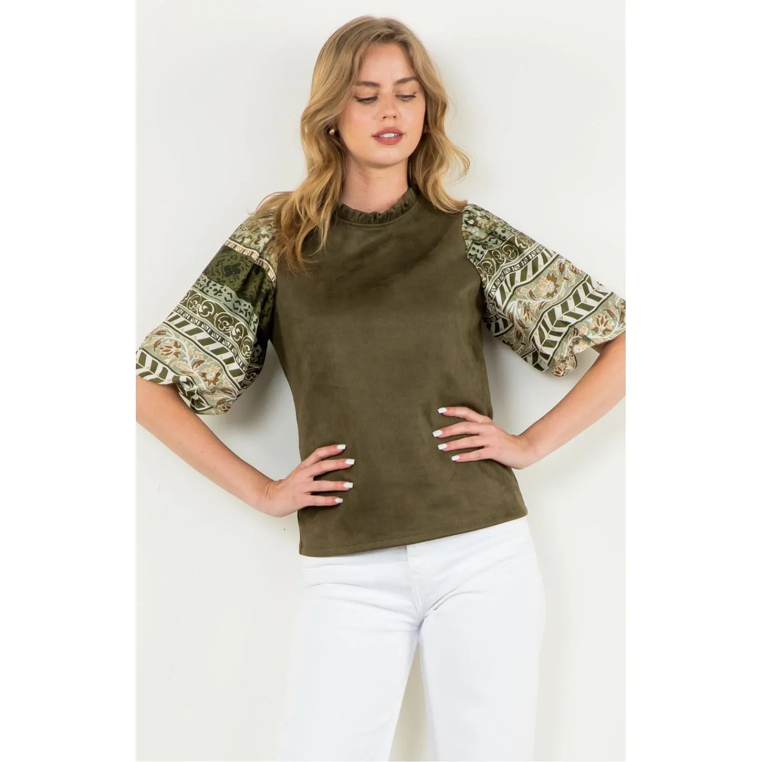 Coryelle Olive Suede Mixed Media THML Top