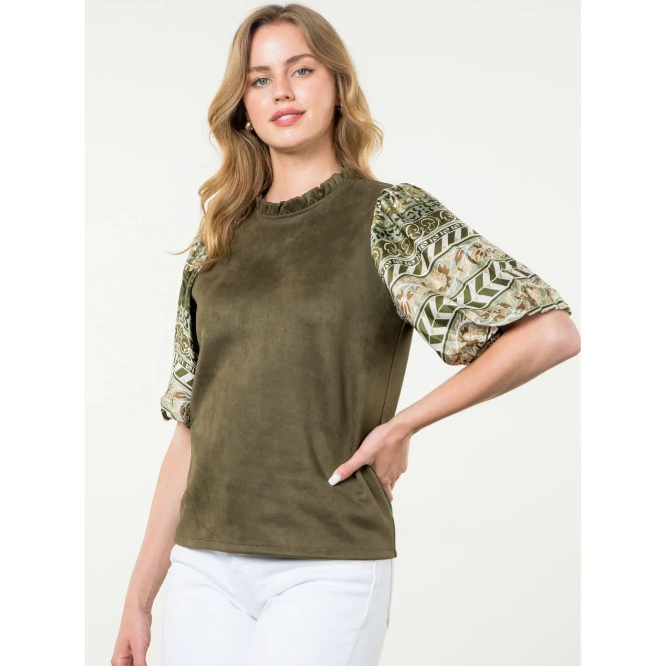 Coryelle Olive Suede Mixed Media THML Top