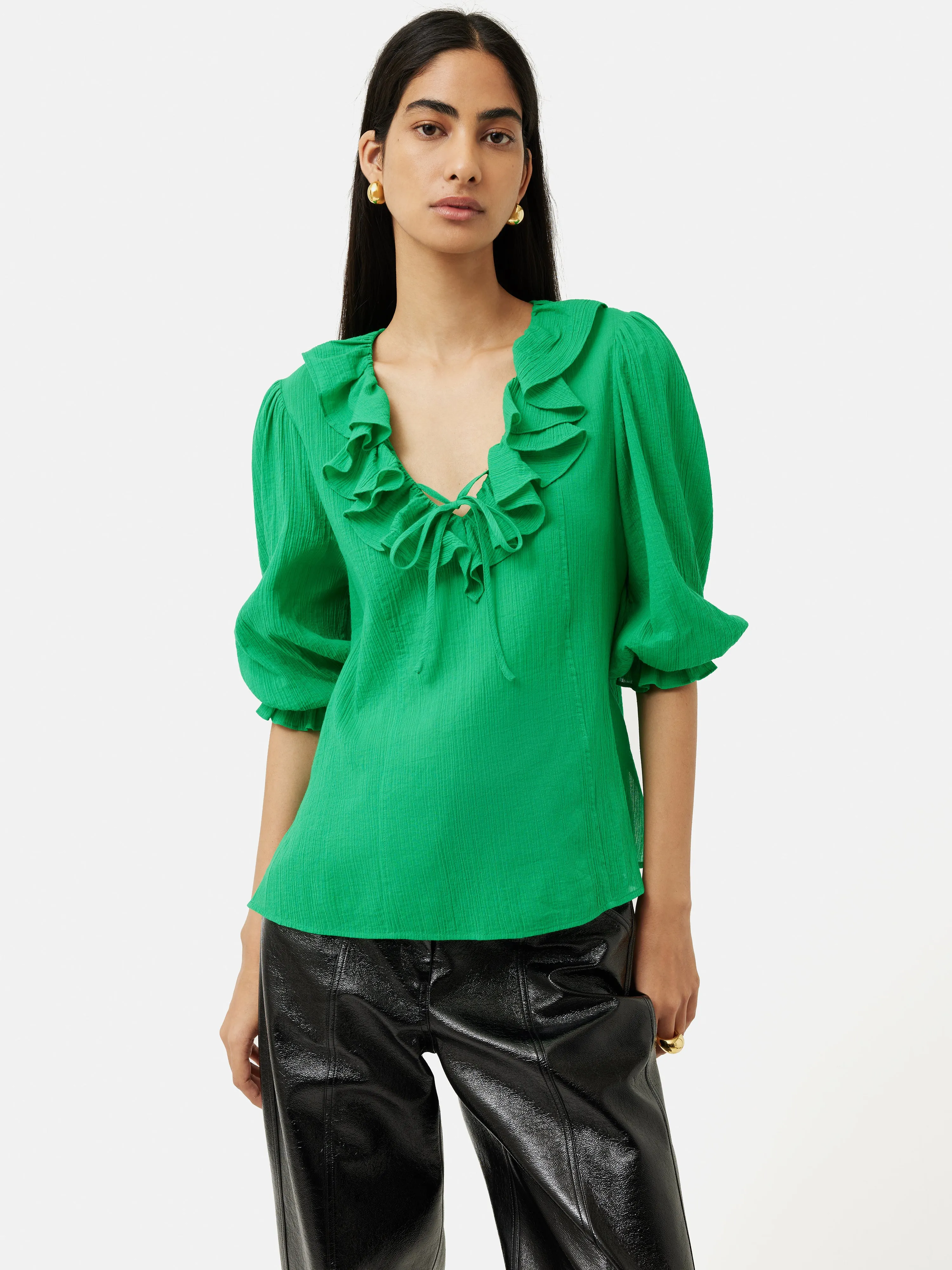 Cotton Crinkle Ruffle Top | Green