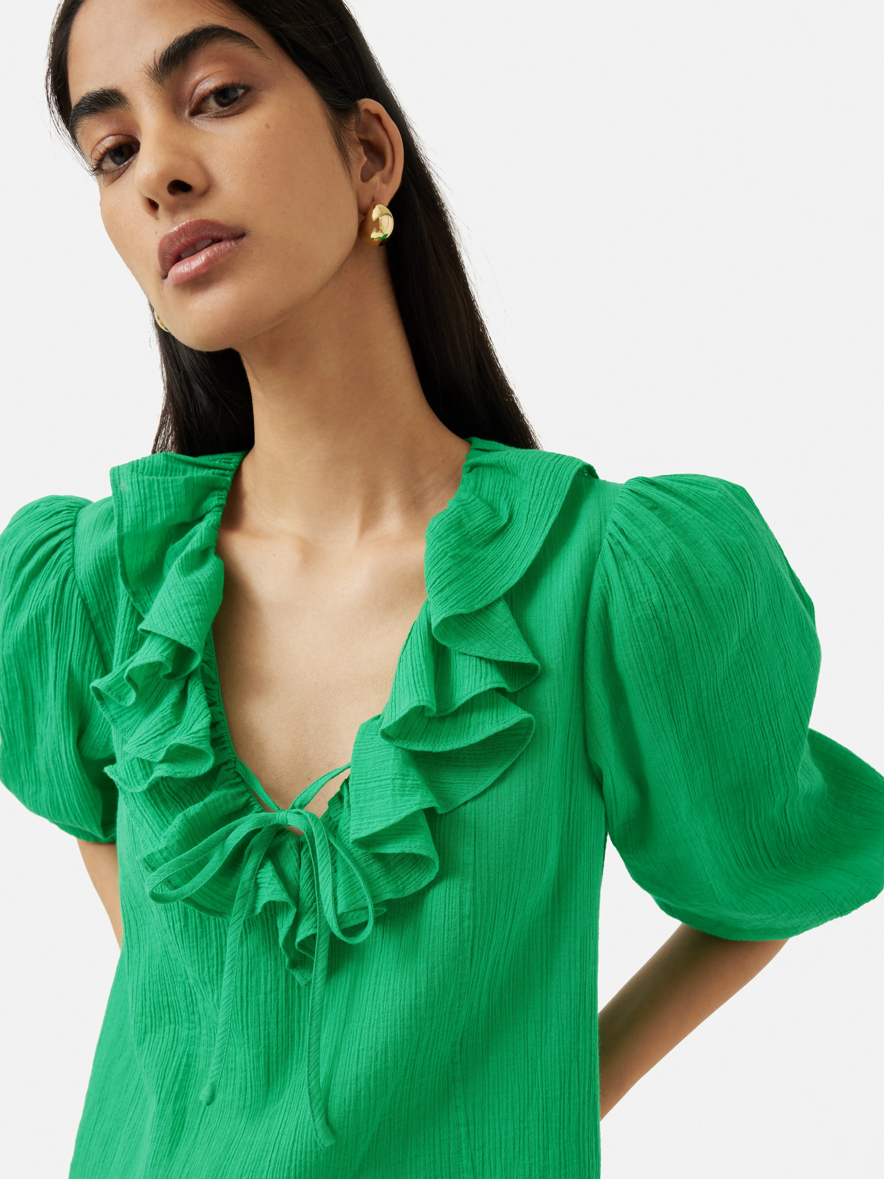 Cotton Crinkle Ruffle Top | Green