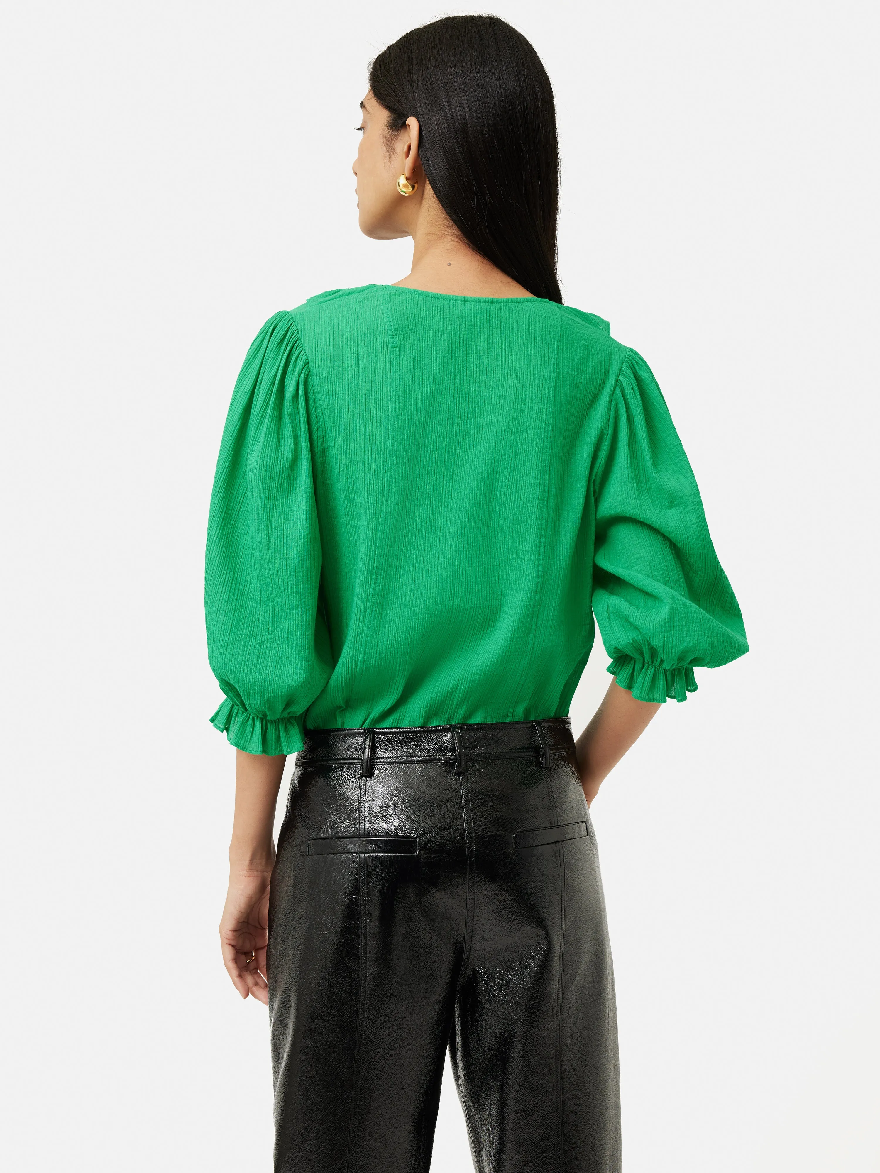 Cotton Crinkle Ruffle Top | Green