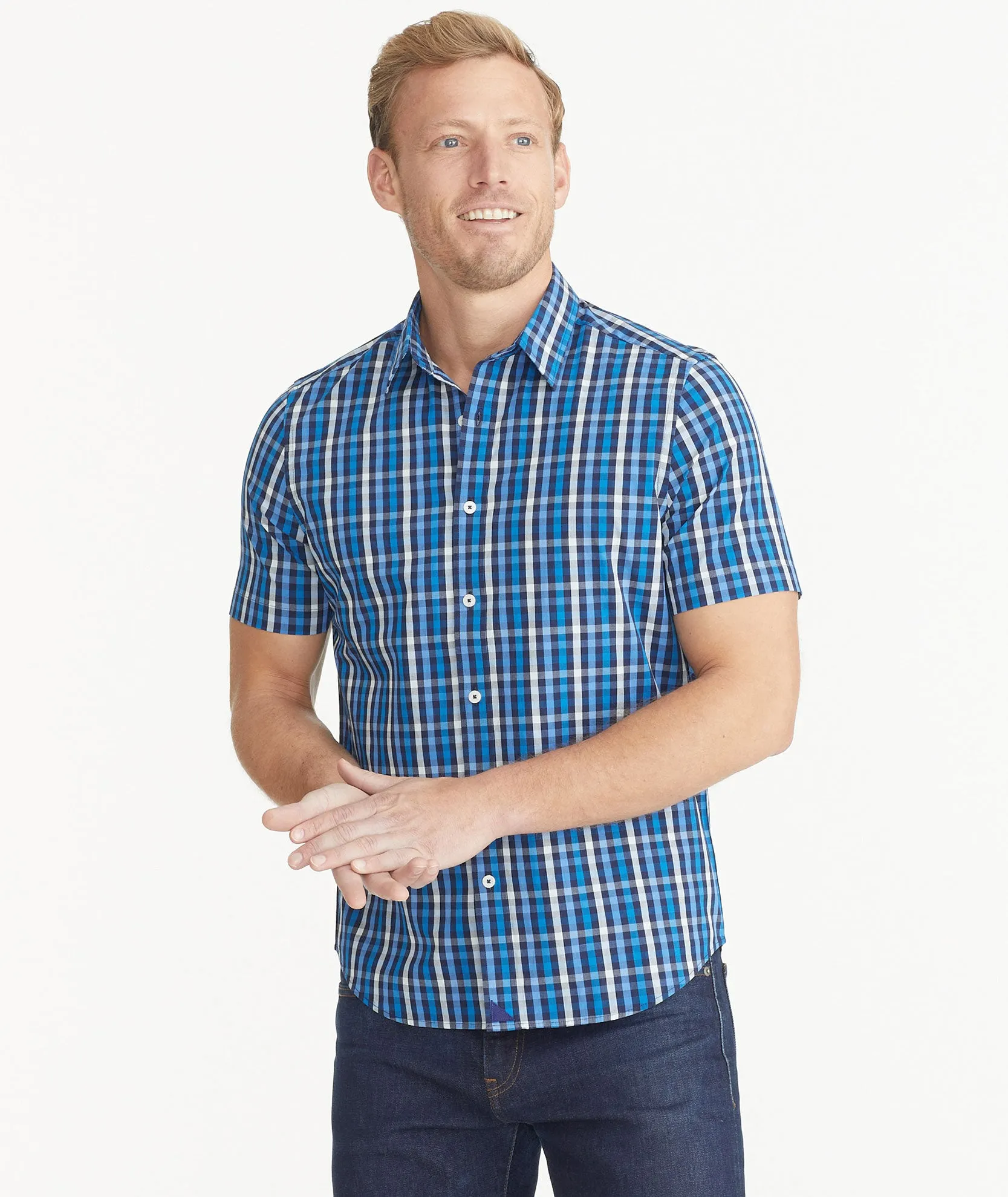 Cotton Stretch Short-Sleeve Check Shirt