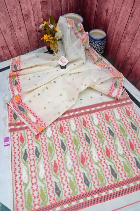 Cream White Color Jamdani Saree with Allover Jaal Work and Ikat Blouse Piece