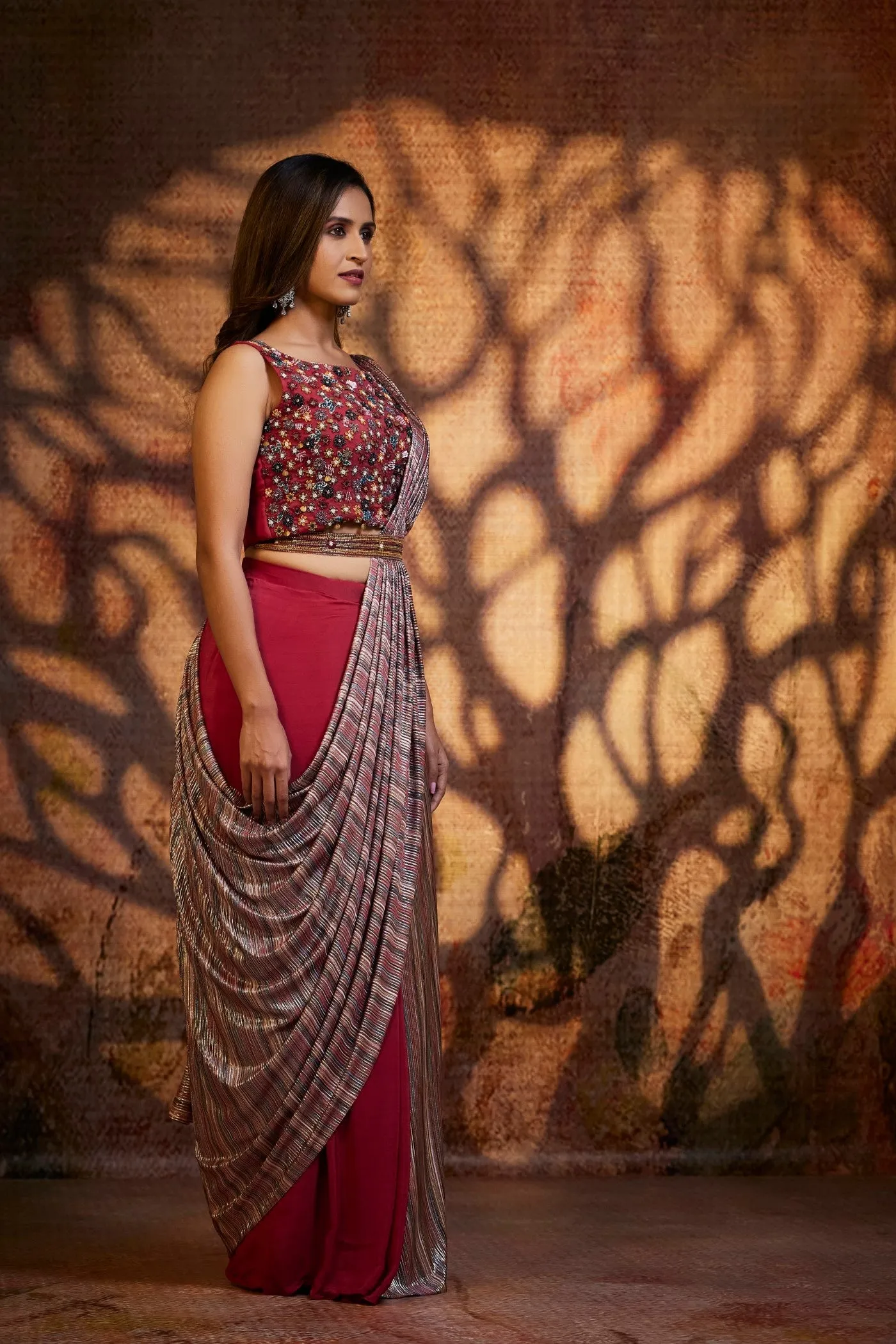 Crimson Red Floral Embroidered Pure Crepe Draped Saree