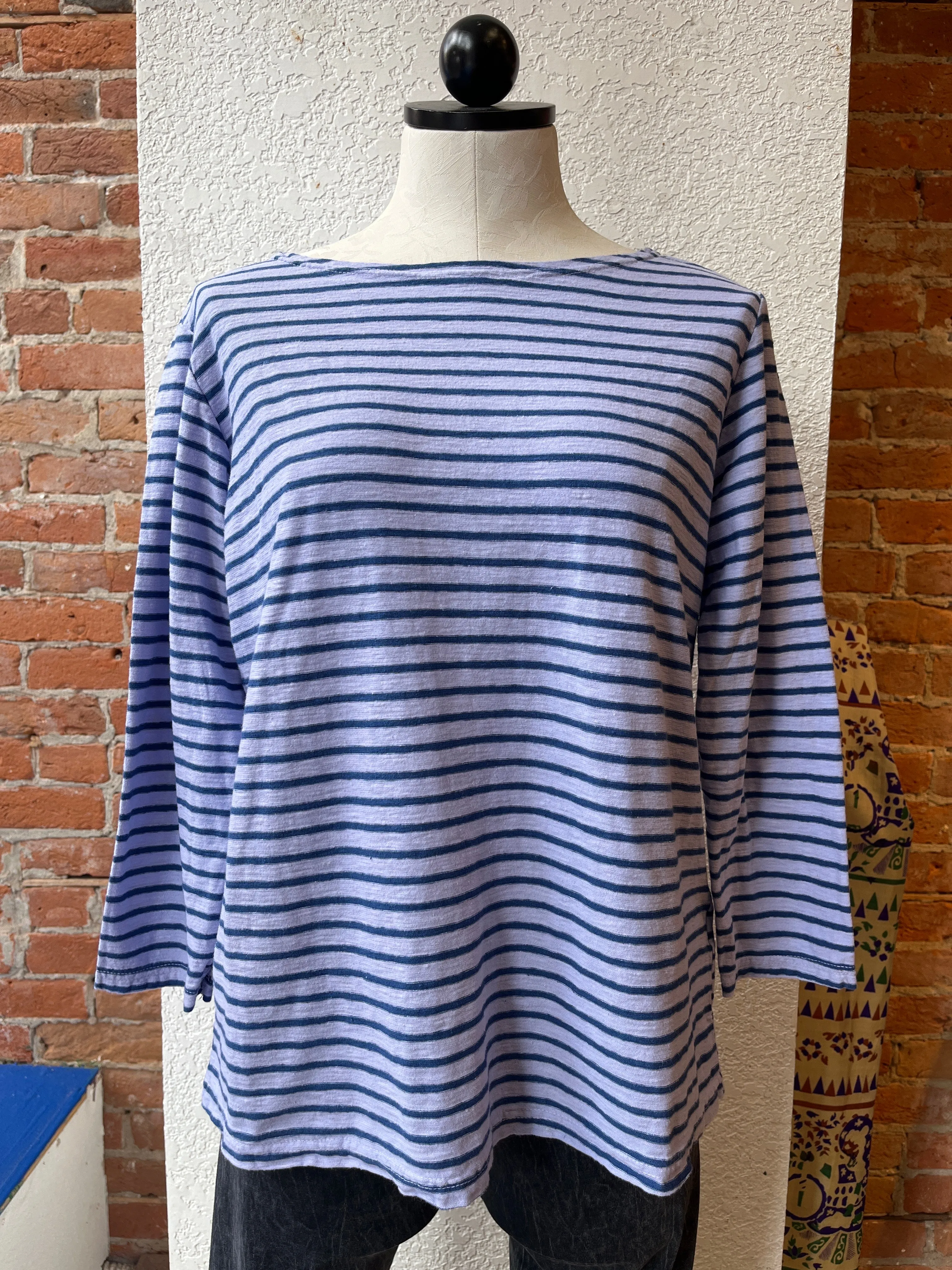 Cut Loose t-shirt, blue stripe linen blend 3/4 sleeve boat