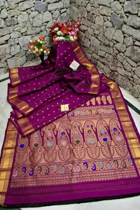 Dark Purple Color Pure Paithani Silk Saree with Gadwal Style Meenakari Pallu