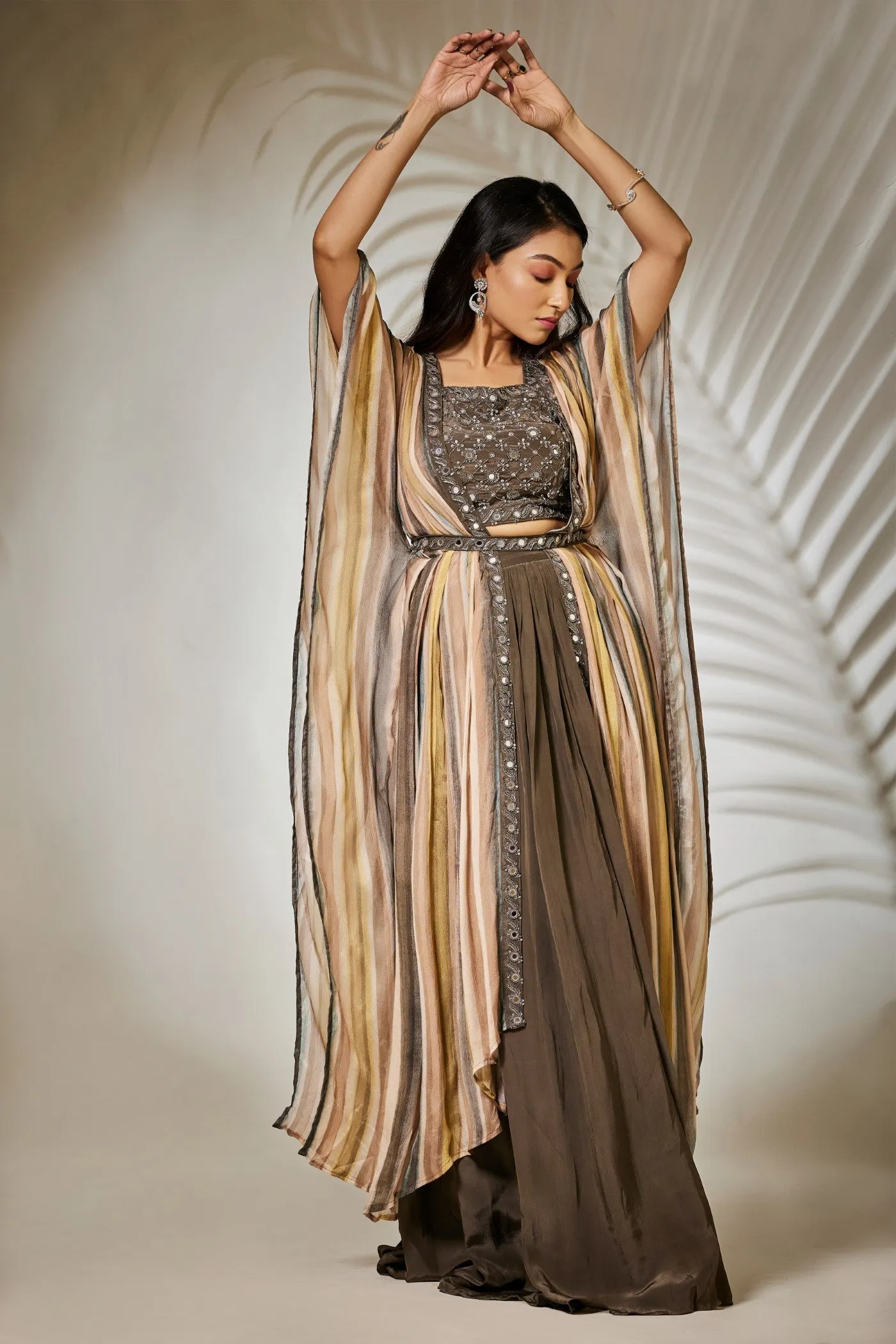 Deep Beige Pure Chinnon Plazzo Set with Cape