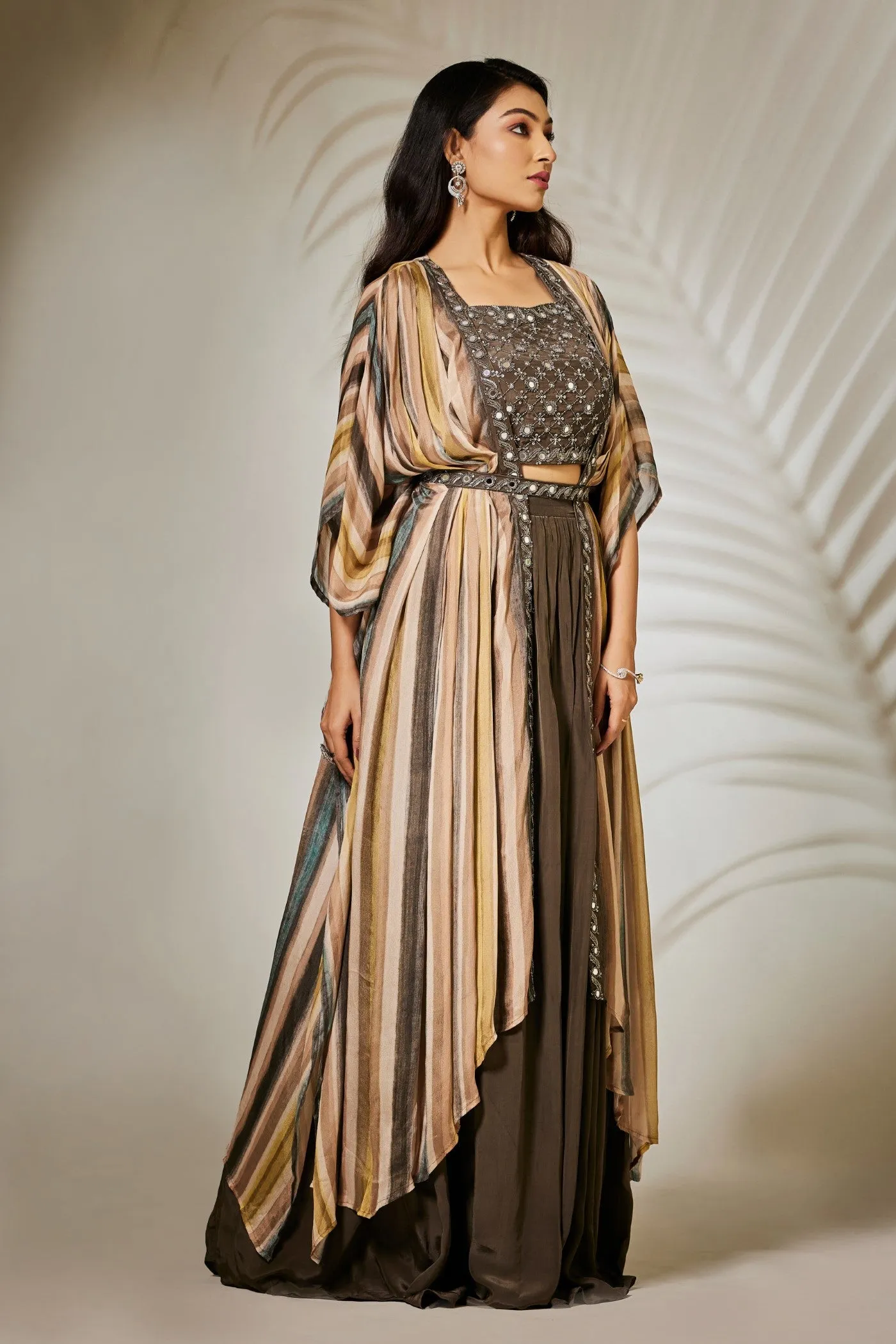 Deep Beige Pure Chinnon Plazzo Set with Cape