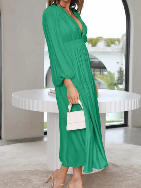 Deep V-Neck Balloon Sleeve Plain Maxi Dress