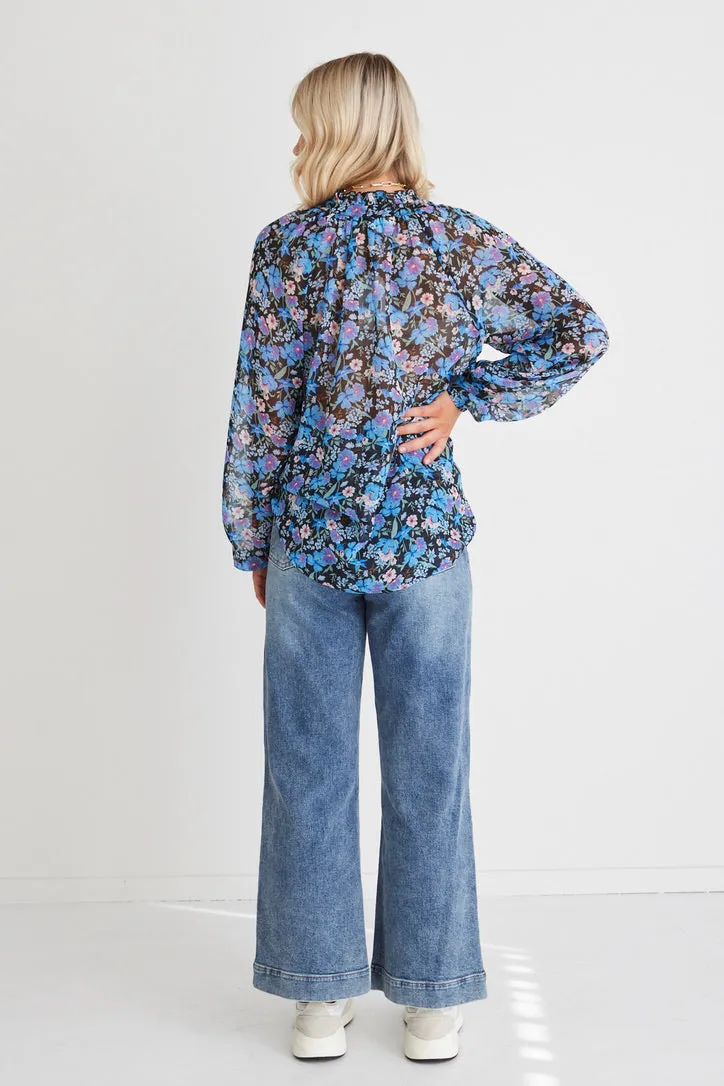 Deft Blue Floral Shirred LS Button Blouse