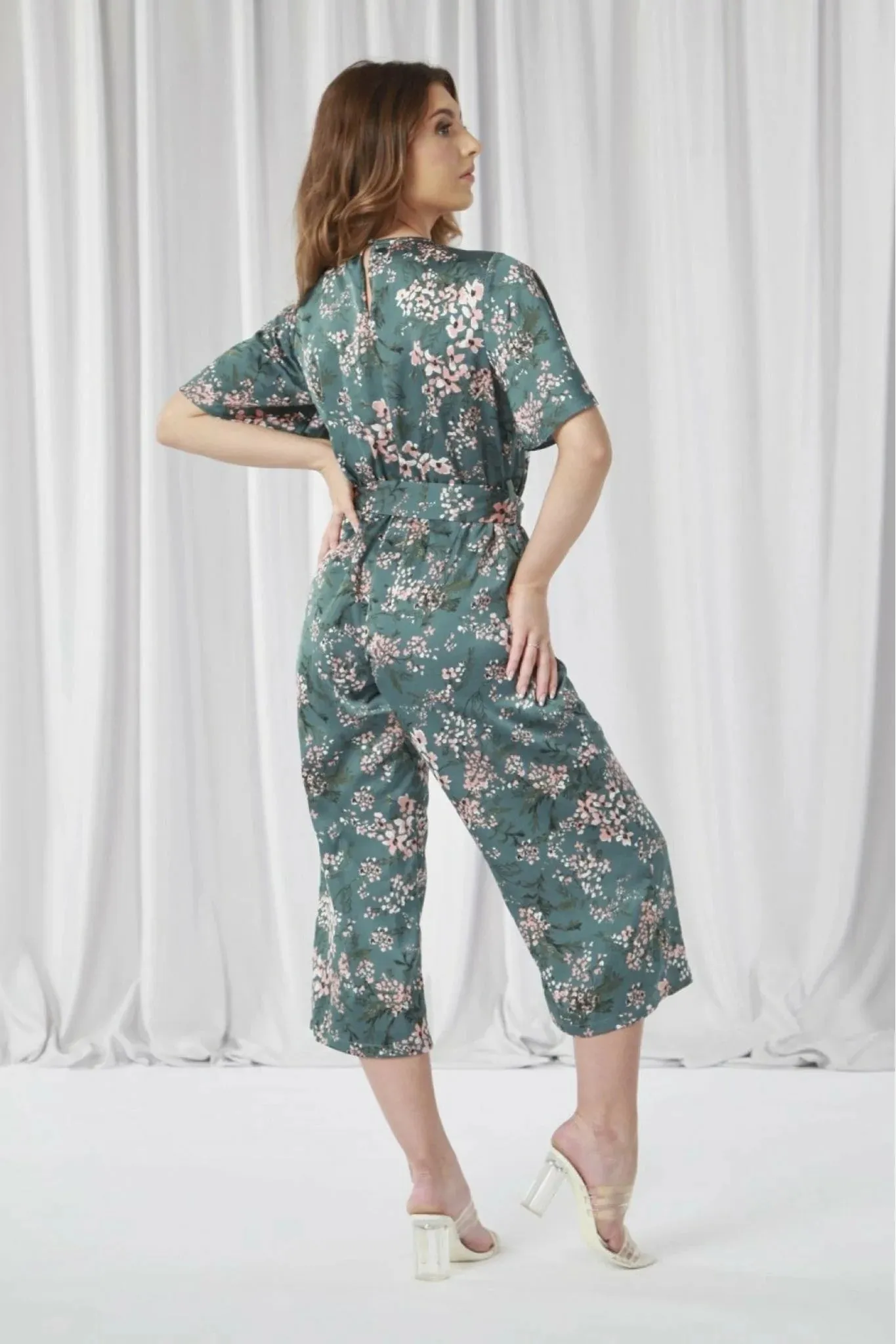 Double Second Printed Wrap Front Satin Jumpsuit