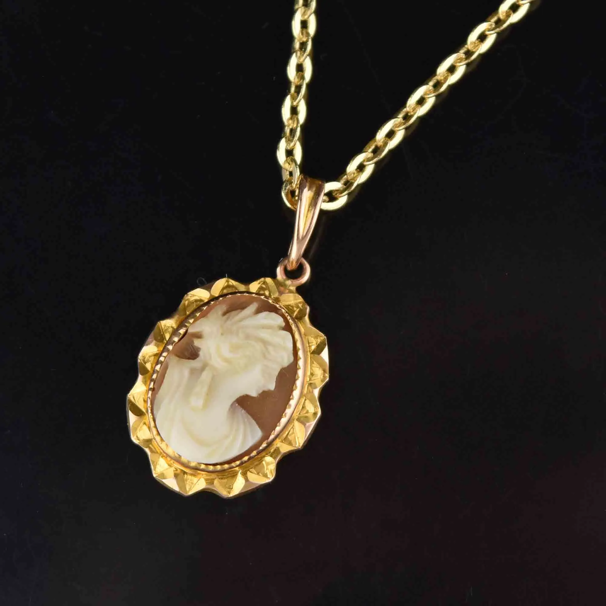 Edwardian Carved Shell Cameo 10K Gold Pendant