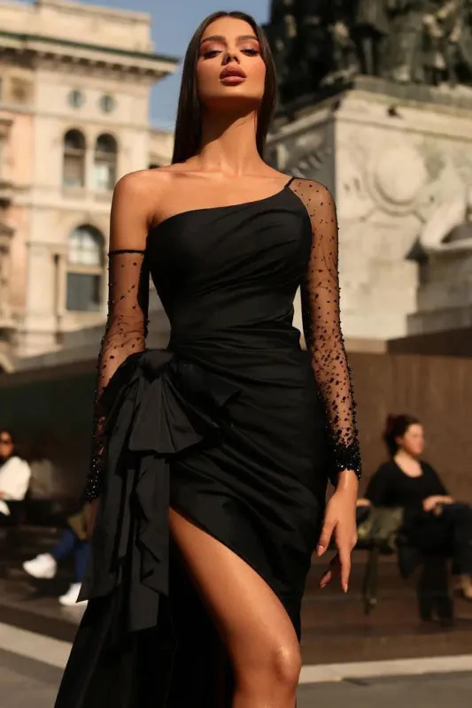 Elegant Black Long Sleeve Tulle Prom Dress with One Shoulder Detail and Pleated Slit