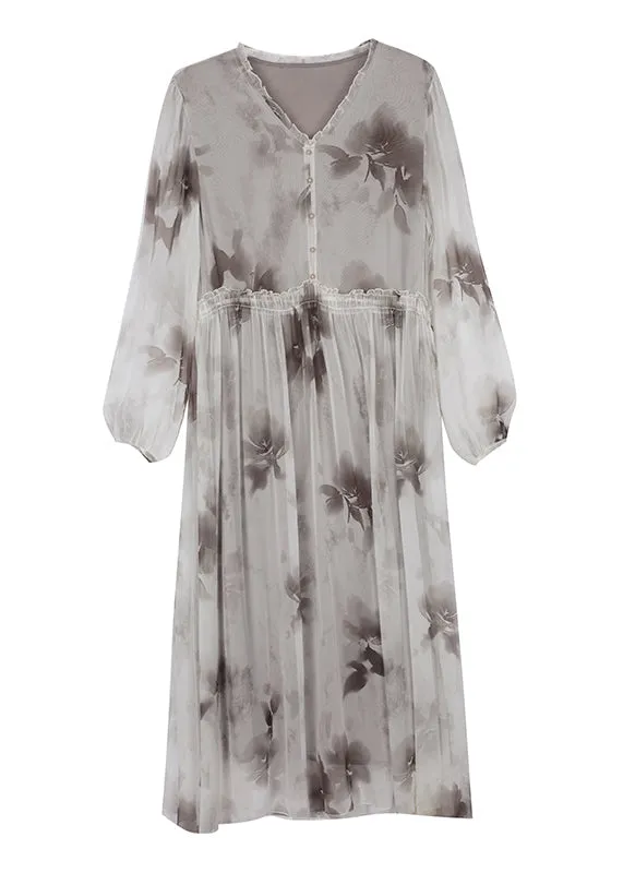 Elegant V Neck Print Ruffled Silk Chiffon Dresses Lantern Sleeve BB006