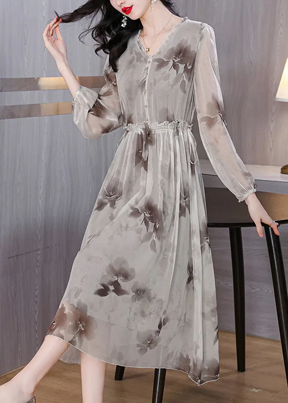 Elegant V Neck Print Ruffled Silk Chiffon Dresses Lantern Sleeve BB006