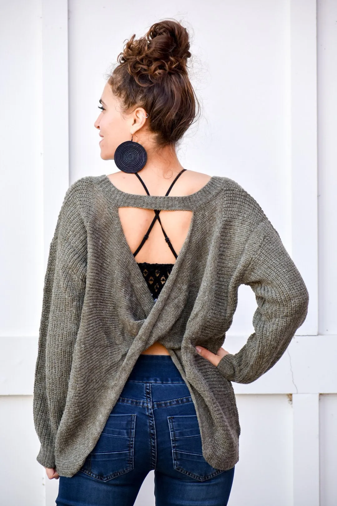 Everything I Need Olive Crossed Back Sweater