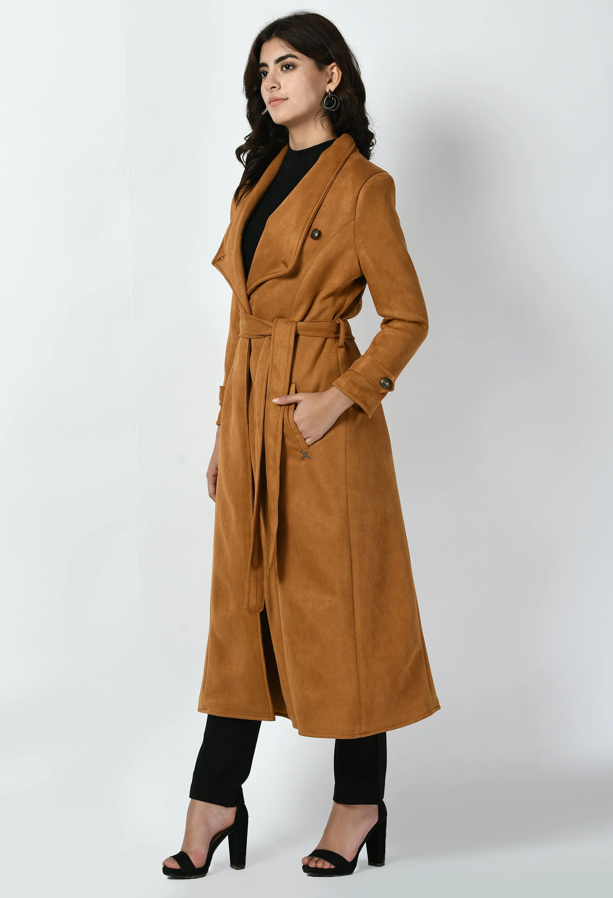 Exude Dedication Suede Leather Long Wrap Coat (Tan Brown)