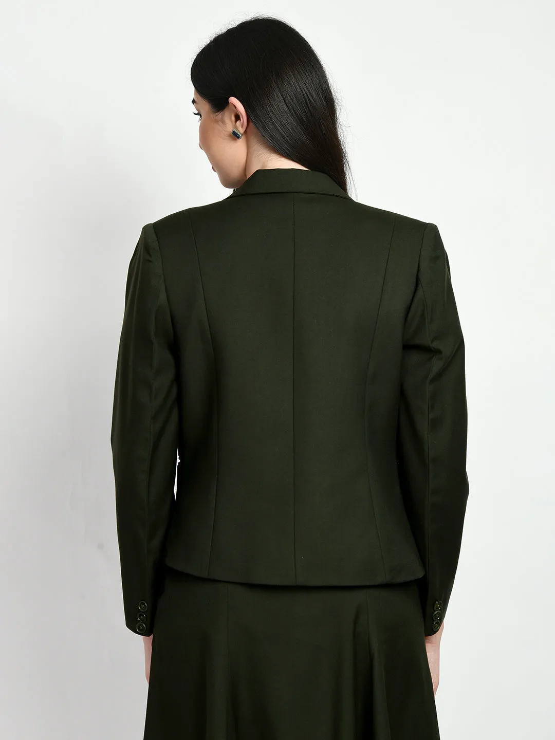 Exude Innovation Solid Short Blazer A-line Skirt Suit (Olive)