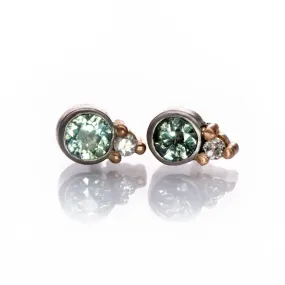 Fair Trade Green-blue Montana Sapphire Mixed Metal Bezel Stud Earrings with Moissanite Accents