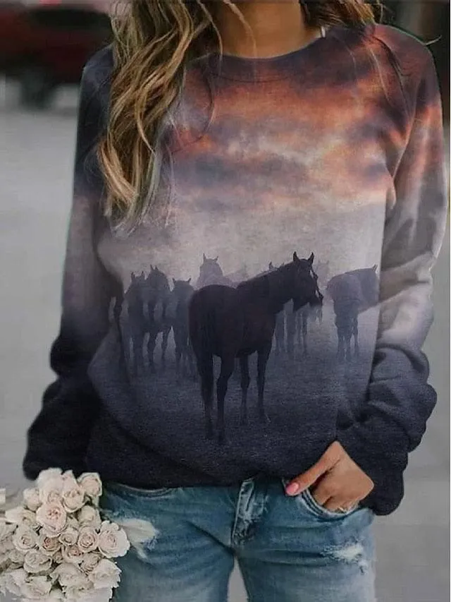 Fashionable Women's Graphic Horse Hoodie Sweatshirt in Purple, Yellow, and Khaki