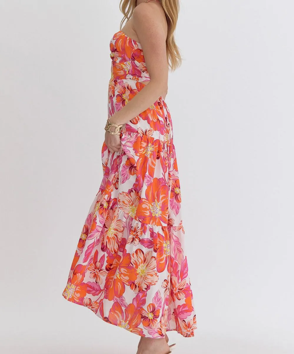 Floral Halter Neck Maxi Dress - Orange