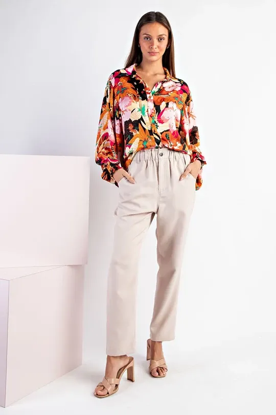 Floral Print Button Down Long Sleeve Collared Top