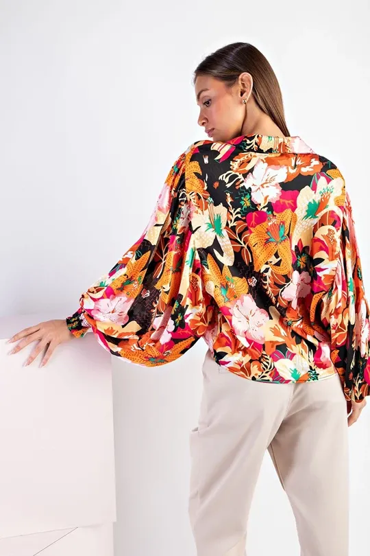 Floral Print Button Down Long Sleeve Collared Top