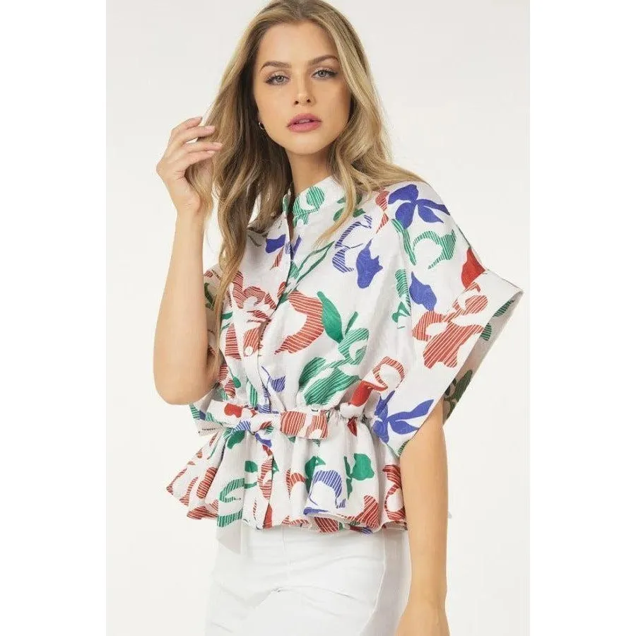 Floral Print Short Sleeve Top With Waist Tie