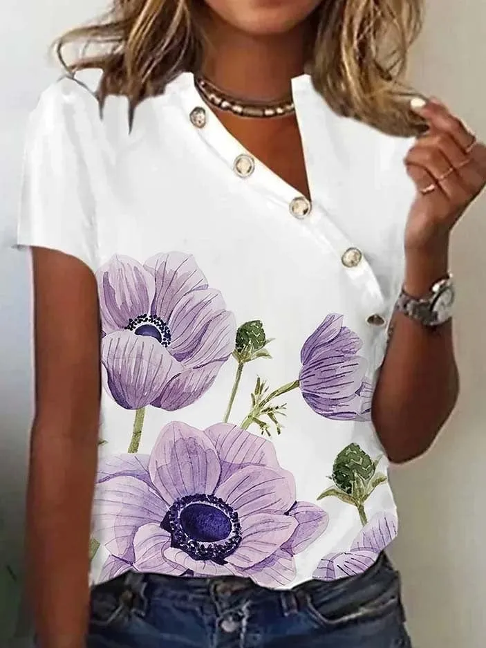 Floral Print V Neck Short Sleeve Women's T-shirt