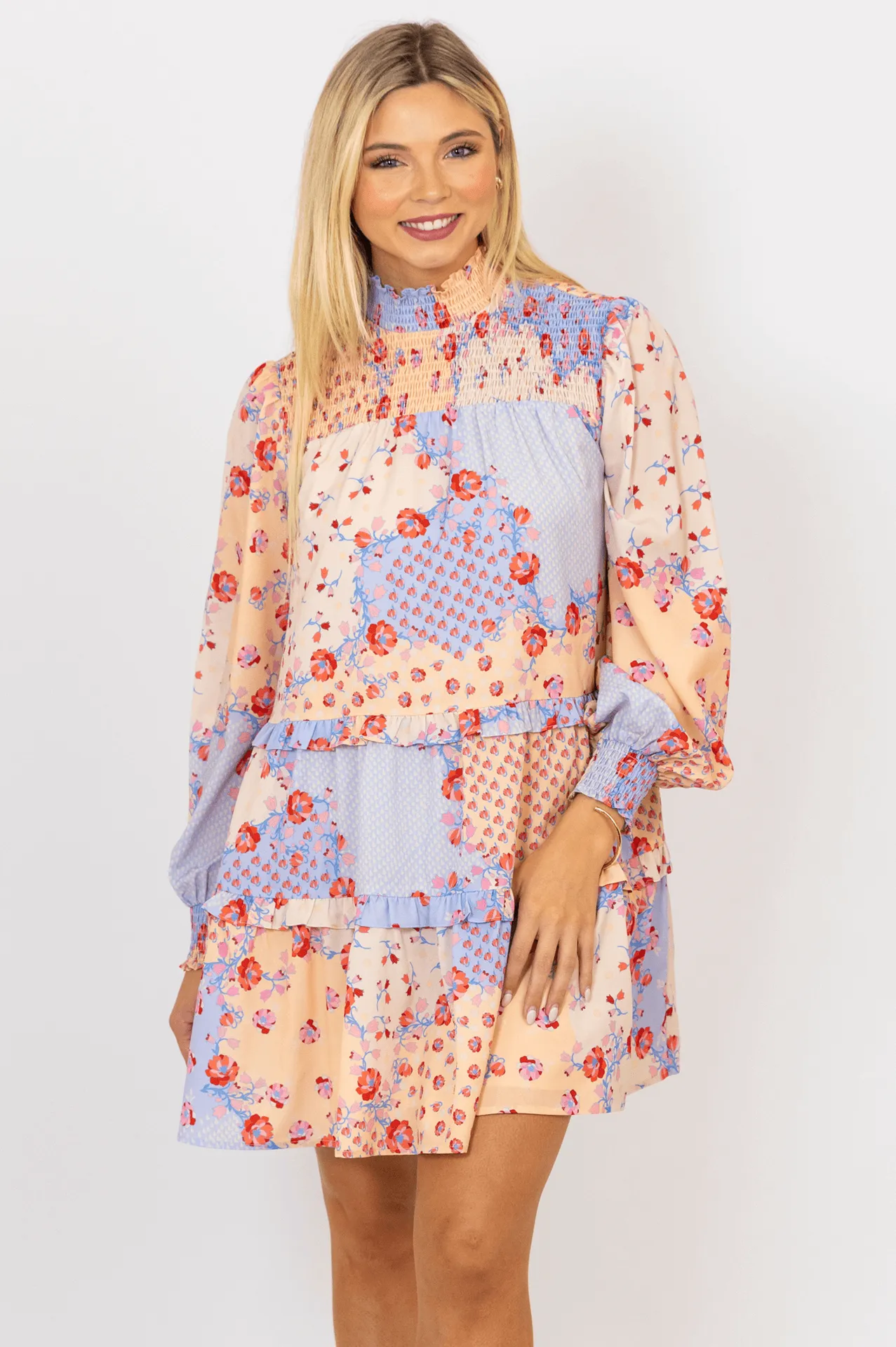 Floral Smock Neck Tier Dress